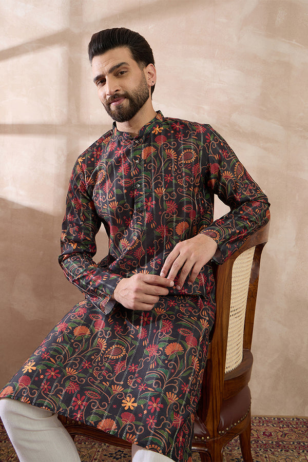 Black Silk Blend Embroidered Mandarin Collar Straight Kurta MKU2096