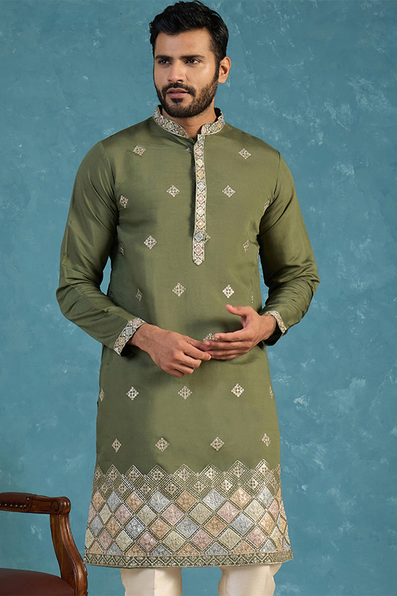 Silk Blend Green Solid Embroidered Calf Length Straight Kurta MKU2101