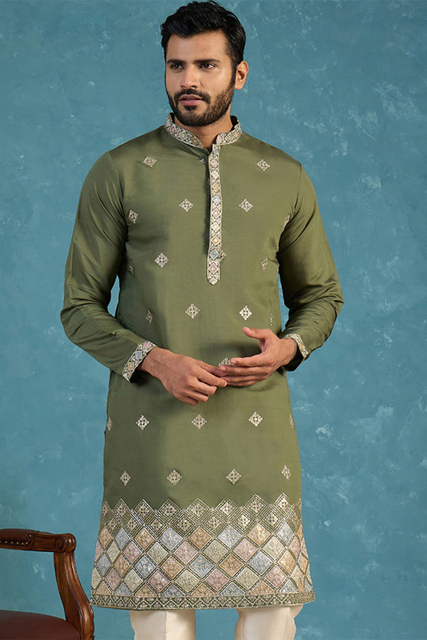 Silk Blend Green Solid Embroidered Calf Length Straight Kurta With Trousers MKSET2101