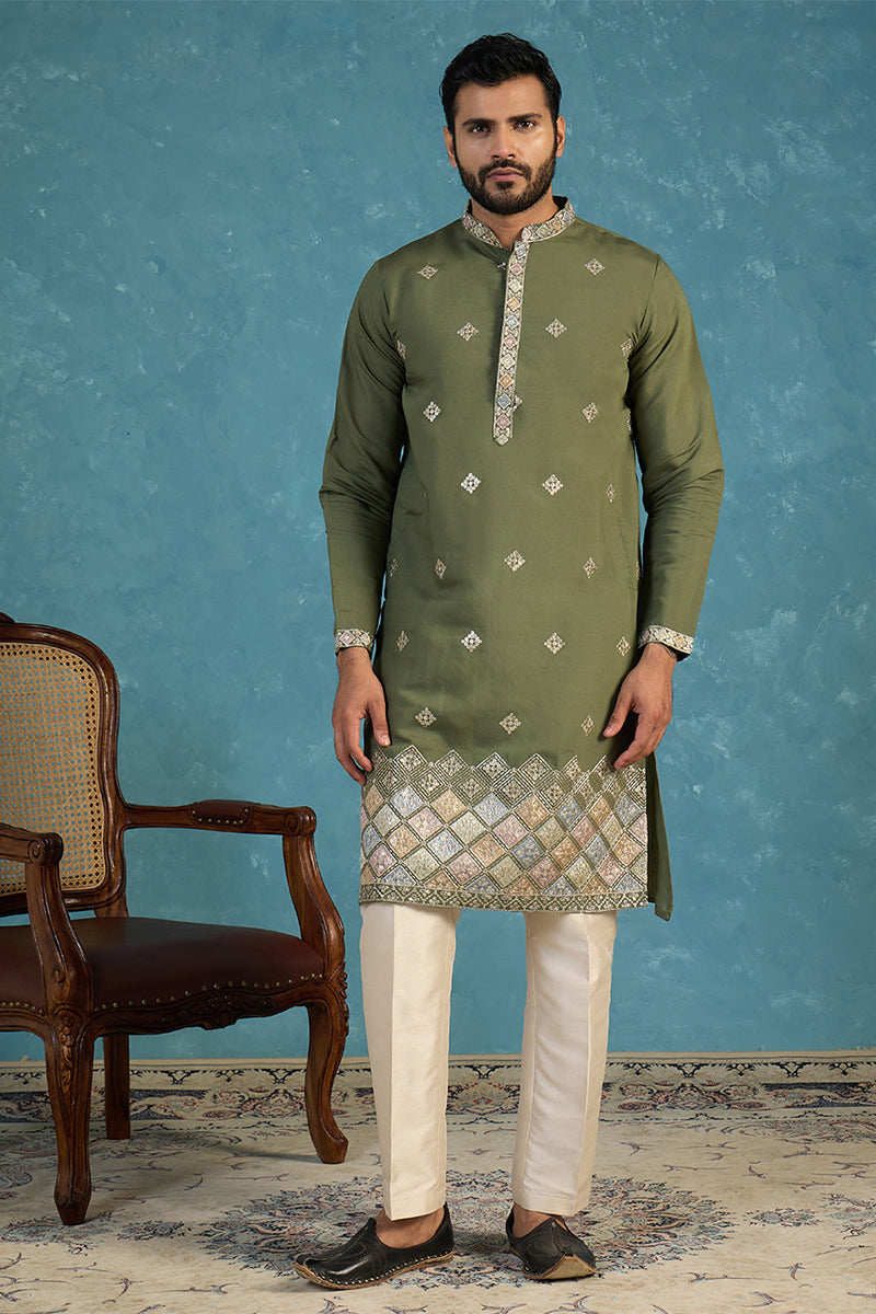 Silk Blend Green Solid Embroidered Calf Length Straight Kurta With Trousers MKSET2101