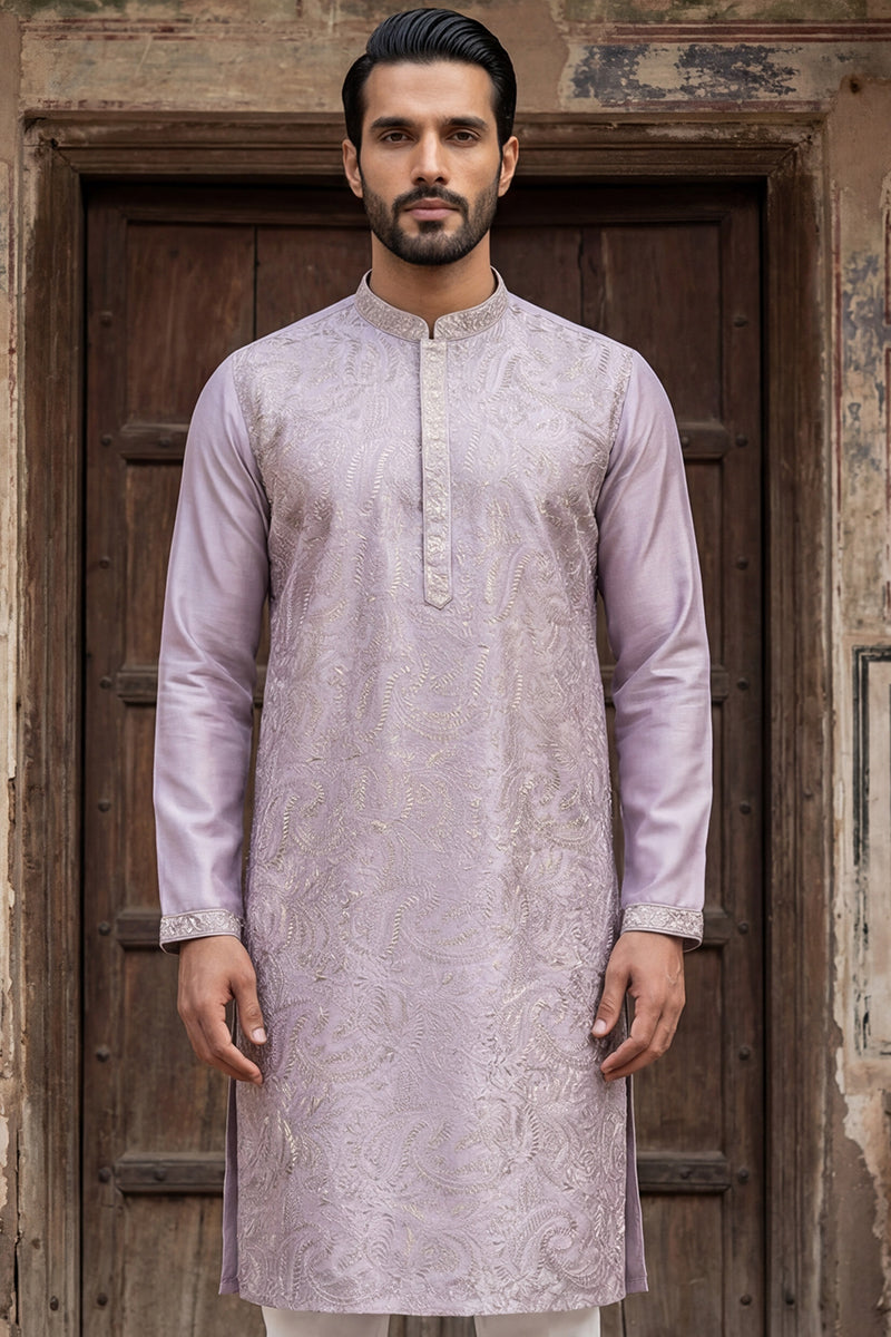 Lavender Silk Blend Embroidered Straight Kurta Sets MKSET2103