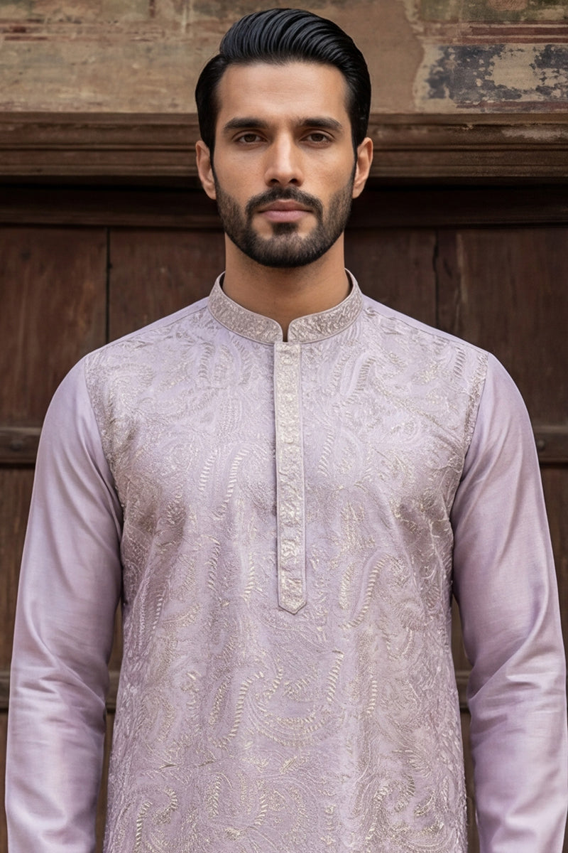 Lavender Silk Blend Embroidered Straight Kurta Sets MKSET2103