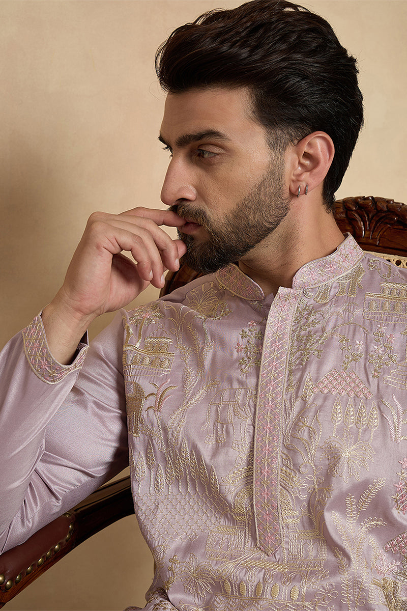 Lavender Silk Blend Embroidered Straight Kurta With Trousers MKSET2106