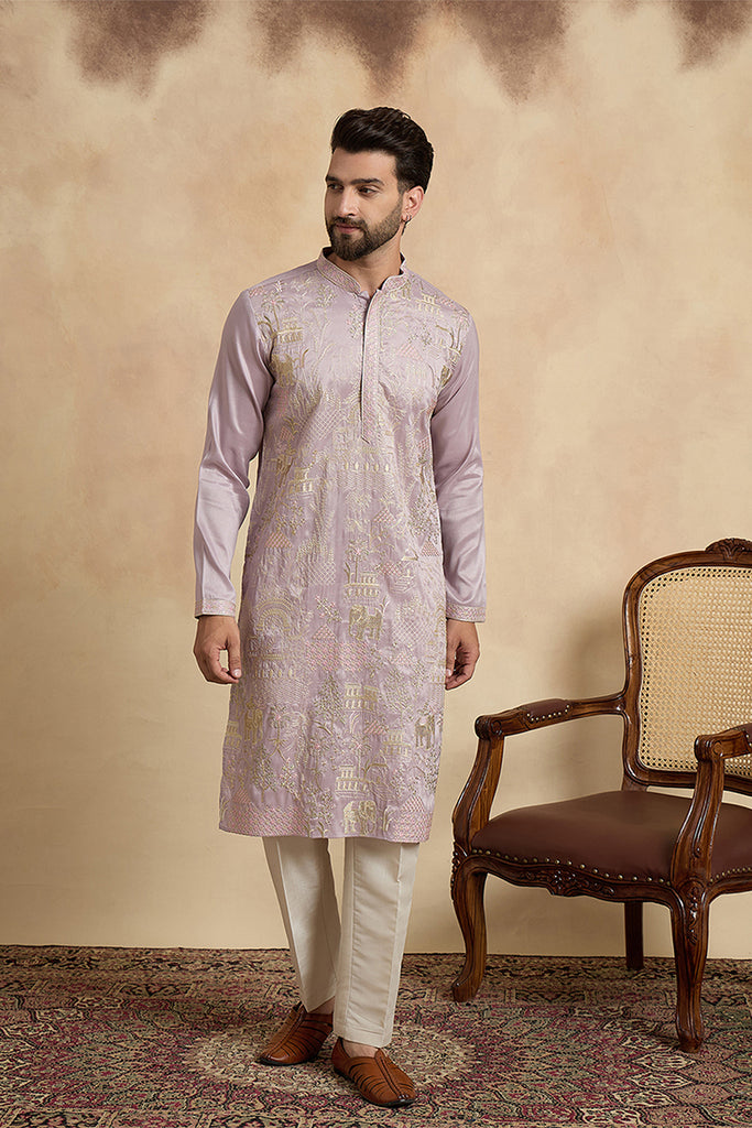 Lavender Silk Blend Embroidered Straight Kurta With Trousers MKSET2106