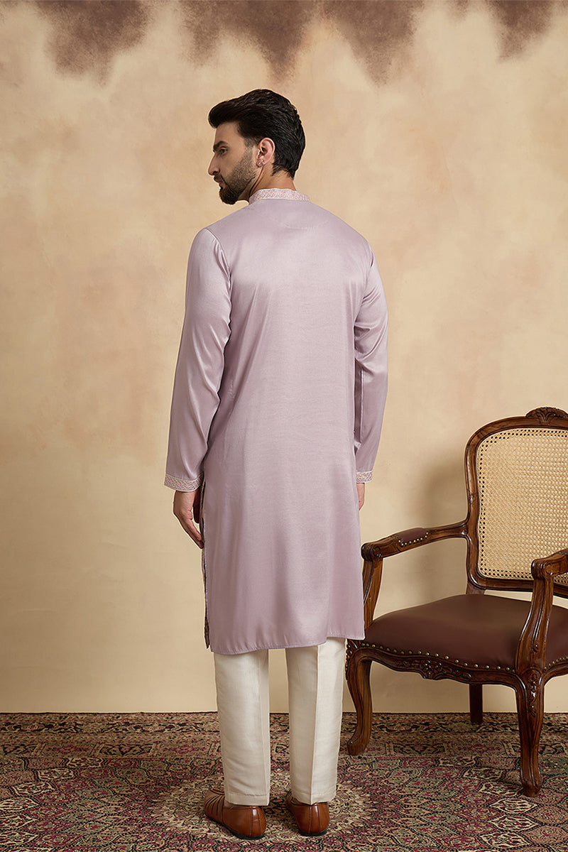 Lavender Silk Blend Embroidered Straight Kurta With Trousers MKSET2106