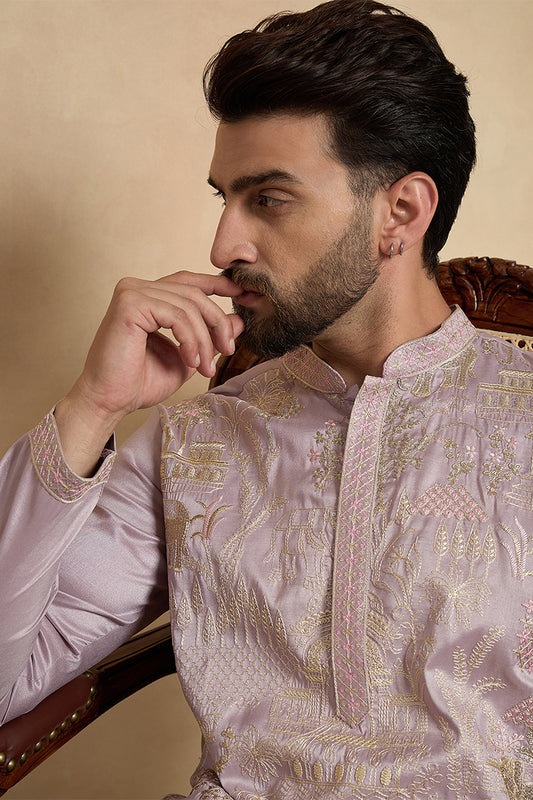 Lavender Silk Blend Embroidered Straight Kurta With Trousers MKSET2106