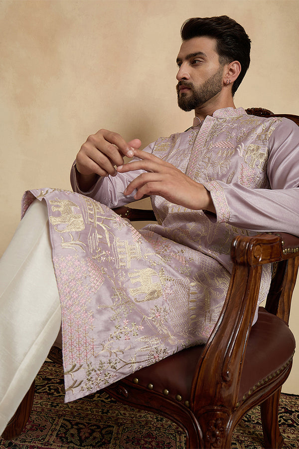 Lavender Silk Blend Embroidered Straight Kurta With Trousers MKSET2106