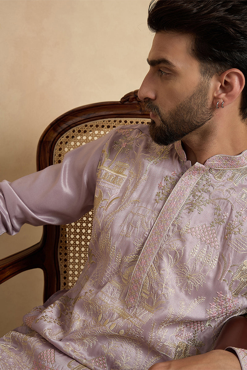 Lavender Silk Blend Embroidered Straight Kurta With Trousers MKSET2106