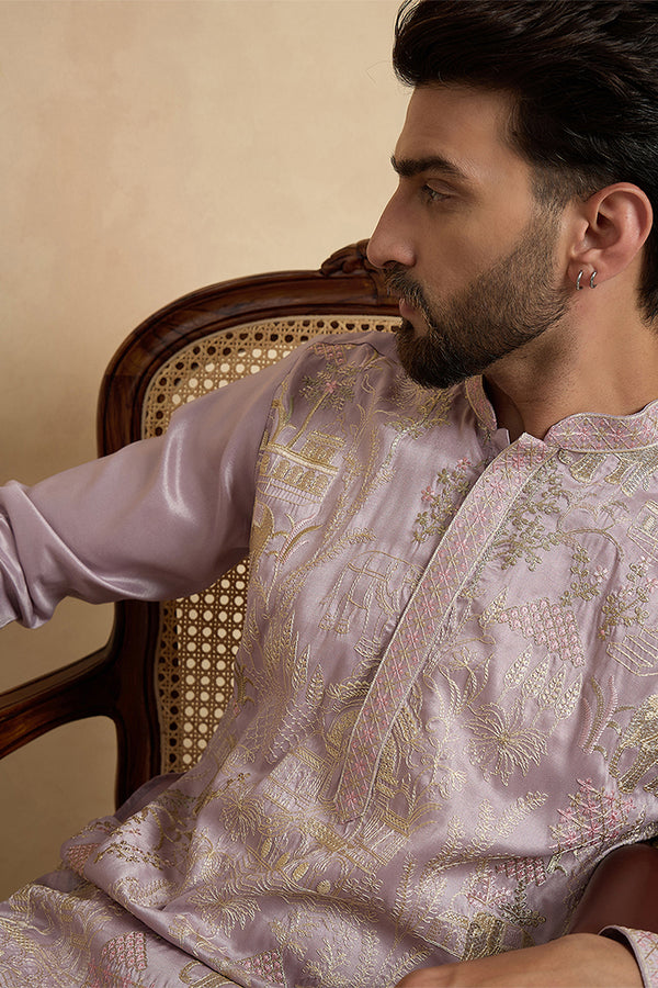 Lavender Silk Blend Embroidered Straight Kurta With Trousers MKSET2106