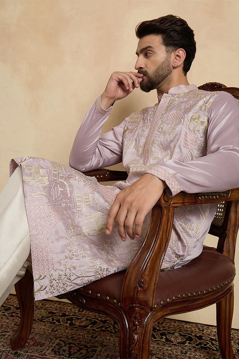 Lavender Silk Blend Embroidered Straight Kurta With Trousers MKSET2106