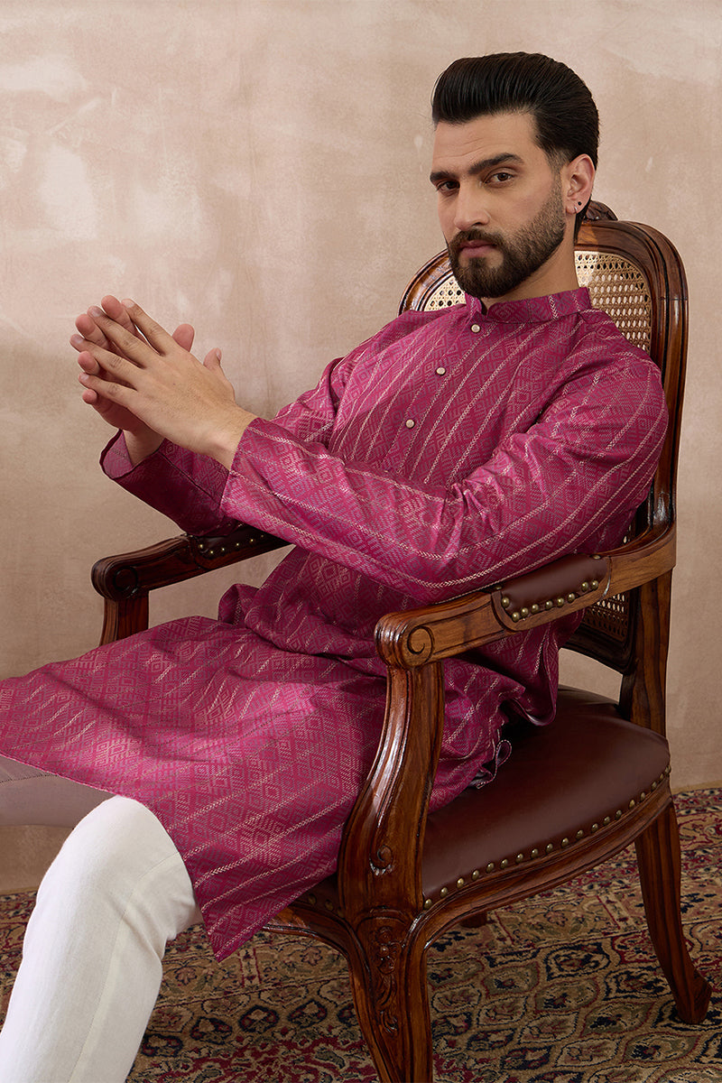 Pink Silk Blend Printed Mandarin Collar Straight Kurta MKU2114