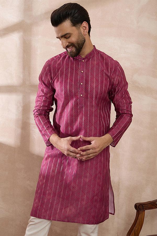 Pink Silk Blend Printed Mandarin Collar Straight Kurta MKU2114