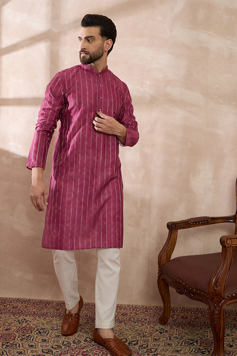 Pink Silk Blend Printed Mandarin Collar Straight Kurta MKU2114