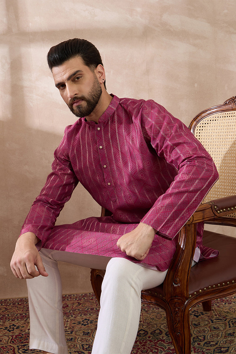 Pink Silk Blend Printed Mandarin Collar Straight Kurta MKU2114