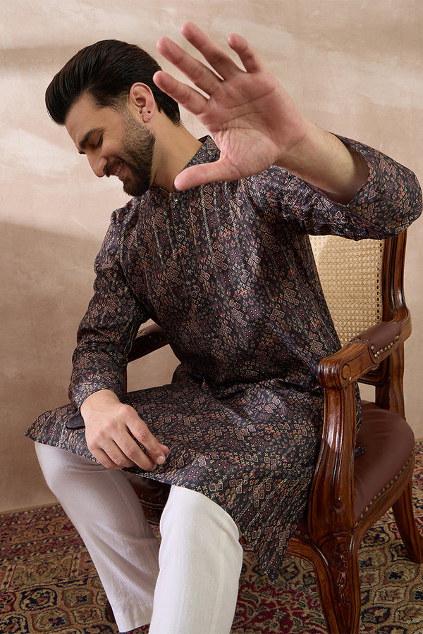 Black Silk Blend Printed Mandarin Collar Straight Kurta MKU2116