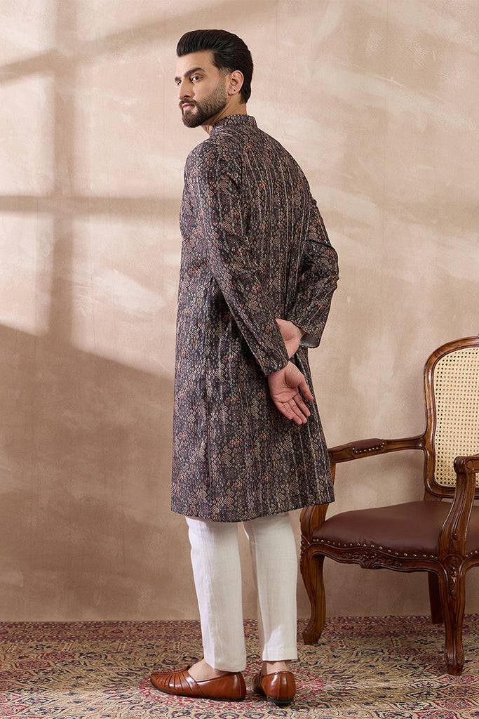 Black Silk Blend Printed Mandarin Collar Straight Kurta MKU2116
