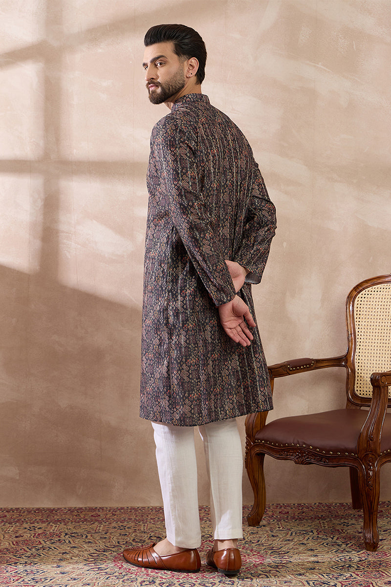 Black Silk Blend Printed Mandarin Collar Straight Kurta With Trouser MKSET2116