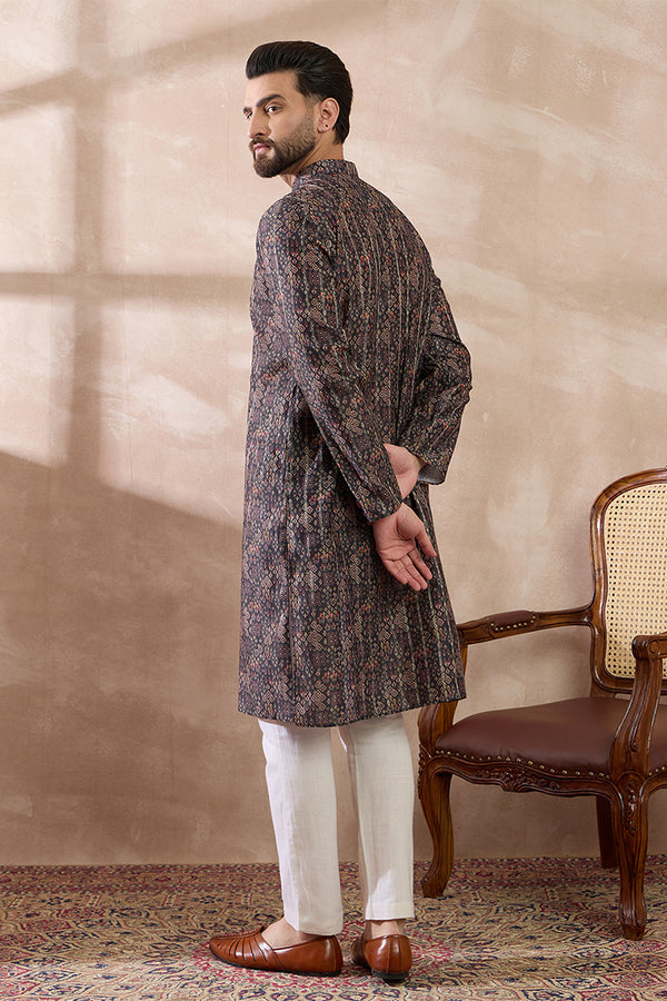 Black Silk Blend Printed Mandarin Collar Straight Kurta MKU2116