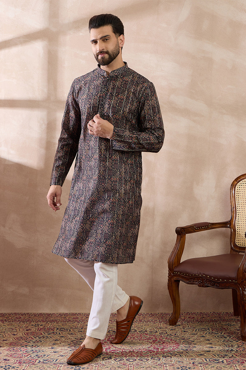 Black Silk Blend Printed Mandarin Collar Straight Kurta MKU2116