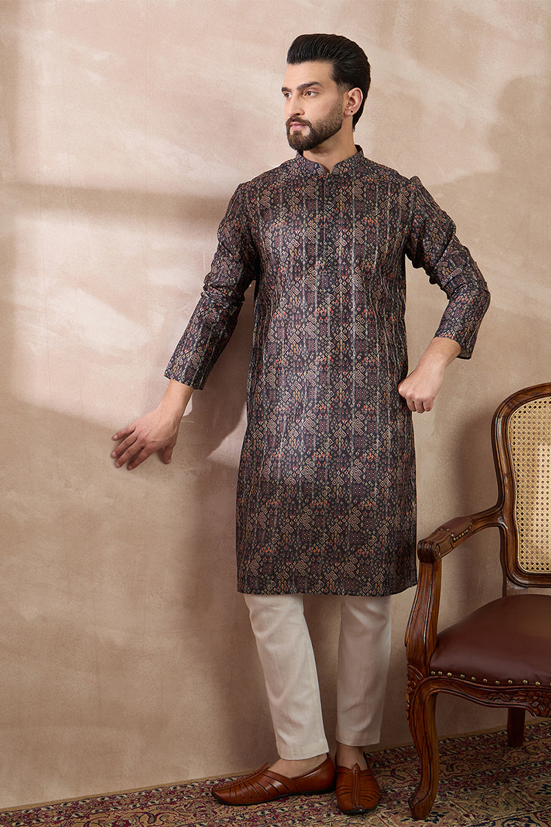 Black Silk Blend Printed Mandarin Collar Straight Kurta MKU2116