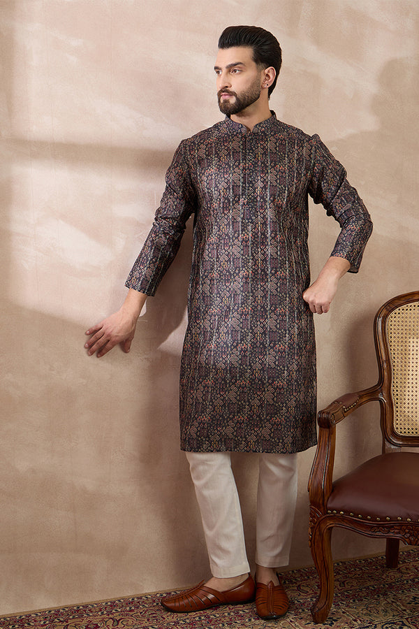 Black Silk Blend Printed Mandarin Collar Straight Kurta With Trouser MKSET2116