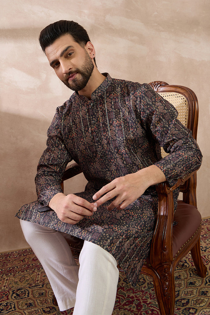 Black Silk Blend Printed Mandarin Collar Straight Kurta MKU2116