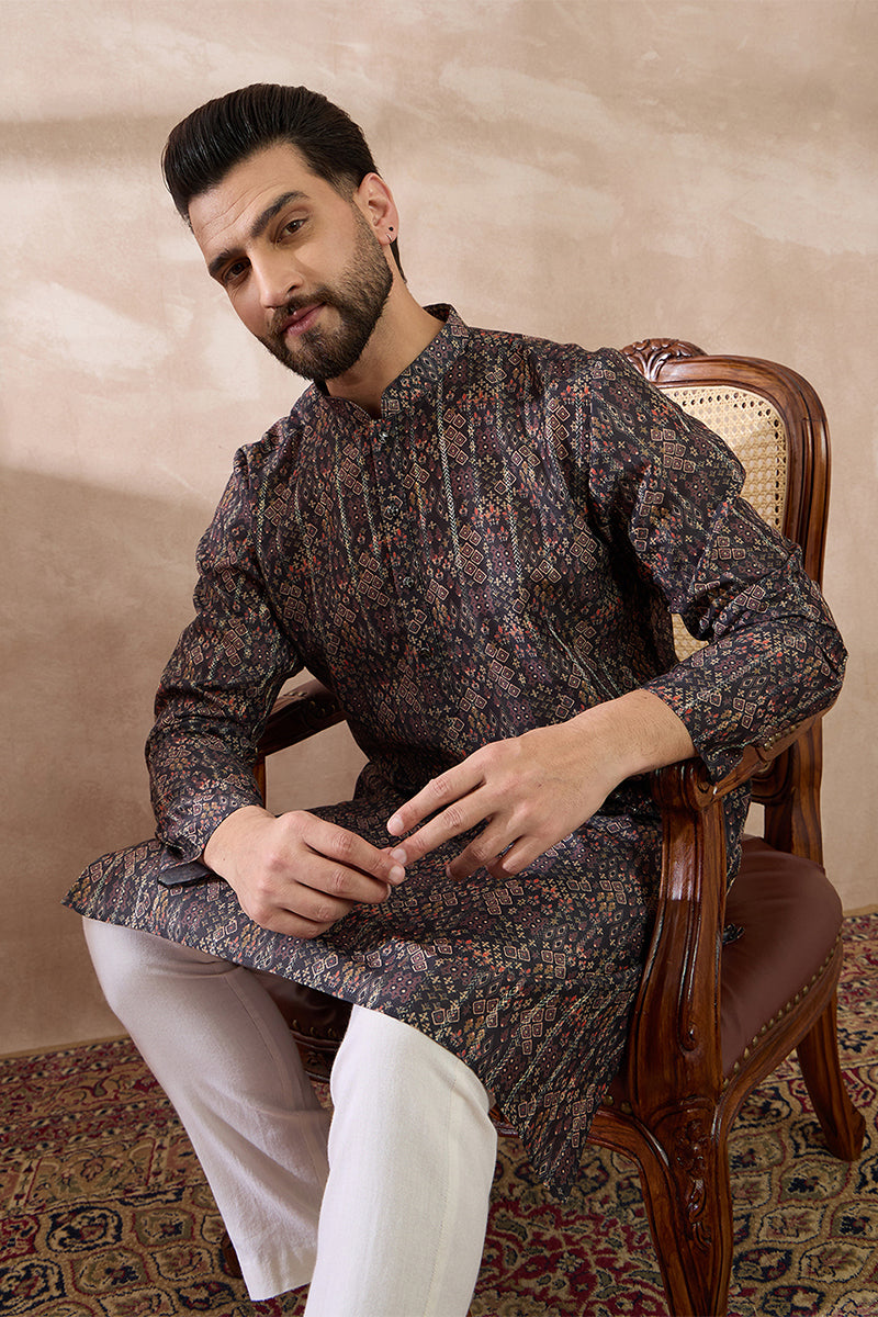 Black Silk Blend Printed Mandarin Collar Straight Kurta With Trouser MKSET2116