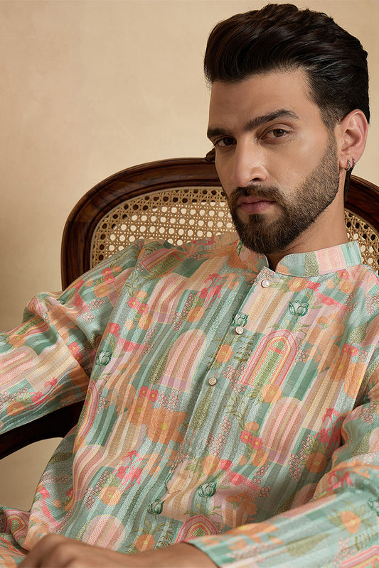 Green Silk Blend Printed Straight Kurta With Trousers MKSET2118