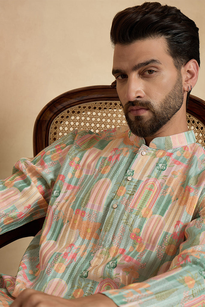 Green Silk Blend Printed Straight Kurta MKU2118
