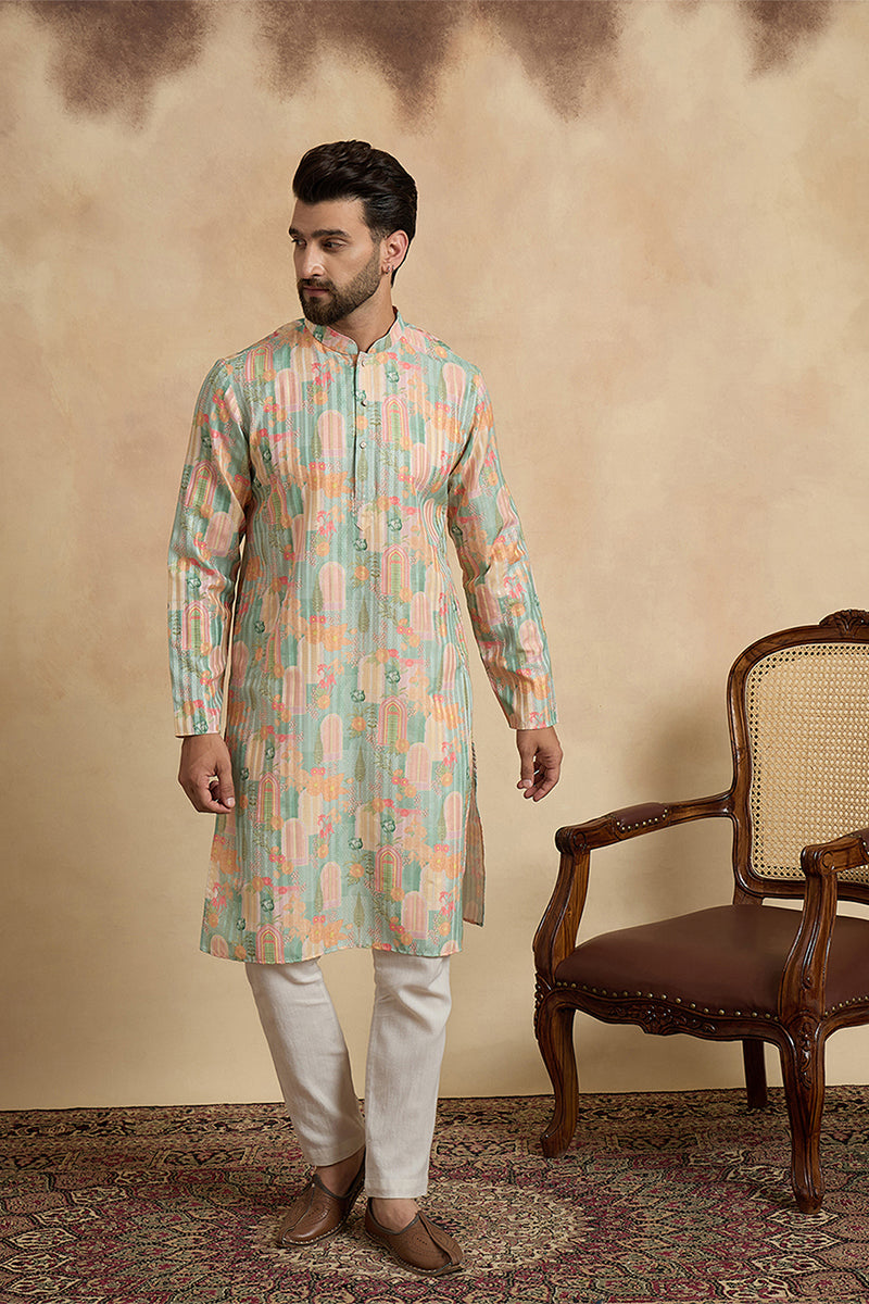 Green Silk Blend Printed Straight Kurta With Trousers MKSET2118