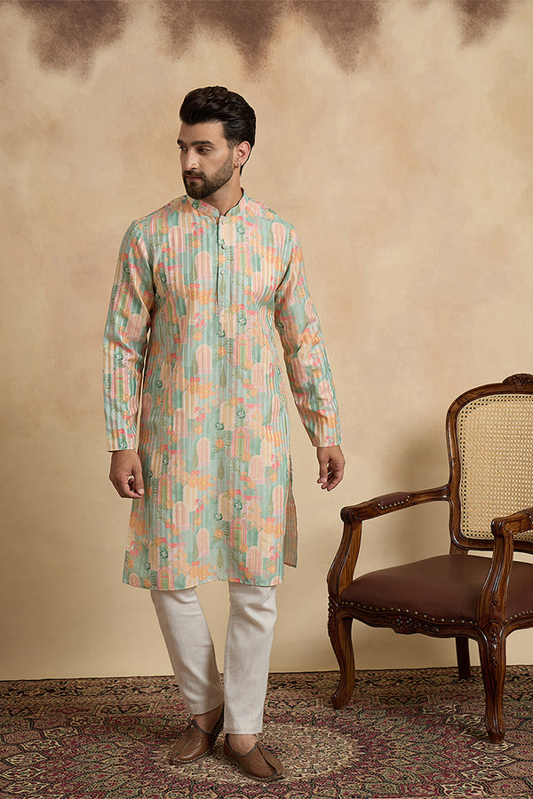 Green Silk Blend Printed Straight Kurta With Trousers MKSET2118