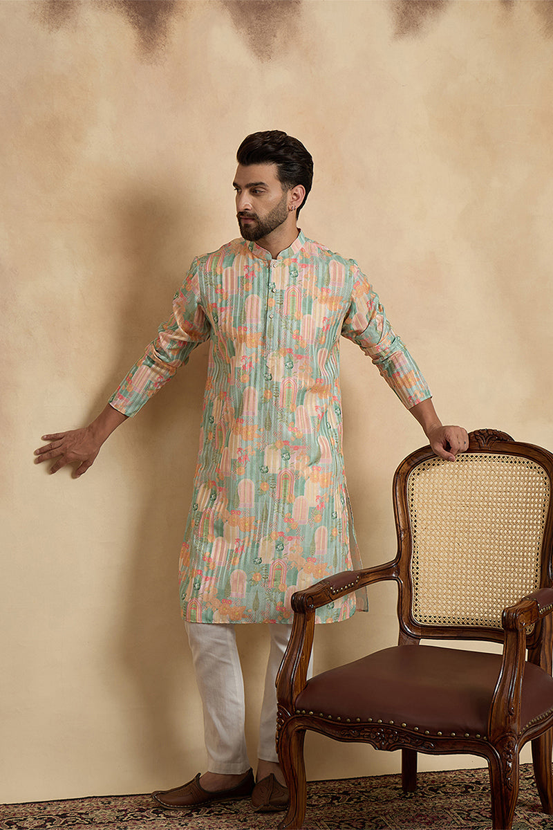 Green Silk Blend Printed Straight Kurta With Trousers MKSET2118