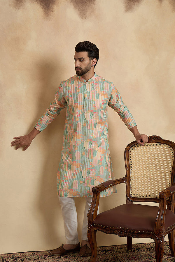 Green Silk Blend Printed Straight Kurta With Trousers MKSET2118