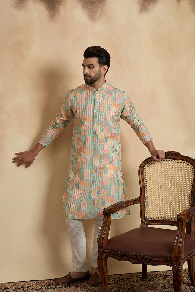 Green Silk Blend Printed Straight Kurta MKU2118