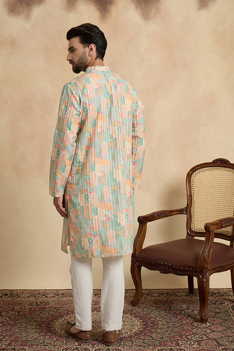 Green Silk Blend Printed Straight Kurta With Trousers MKSET2118
