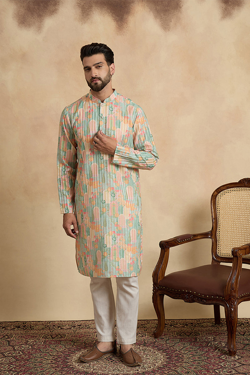Green Silk Blend Printed Straight Kurta With Trousers MKSET2118