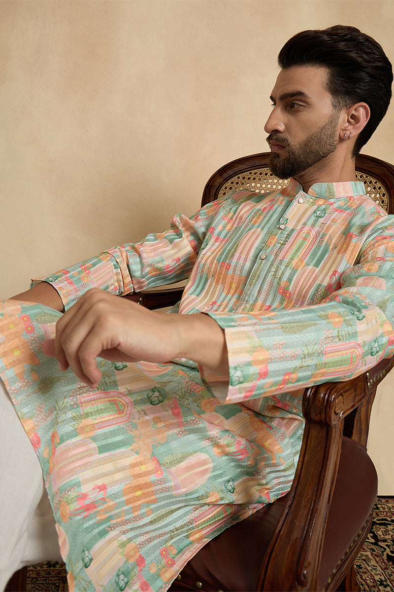 Green Silk Blend Printed Straight Kurta With Trousers MKSET2118