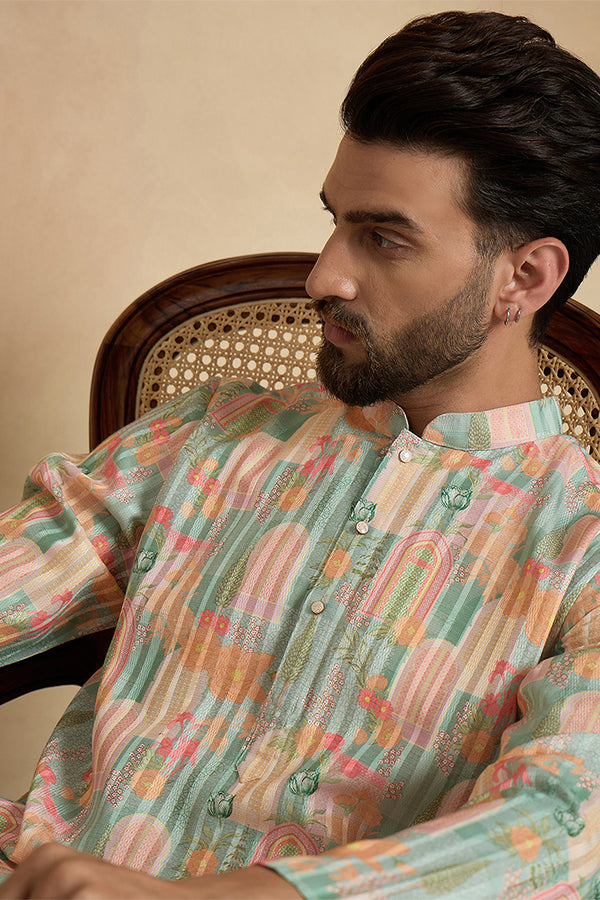 Green Silk Blend Printed Straight Kurta With Trousers MKSET2118