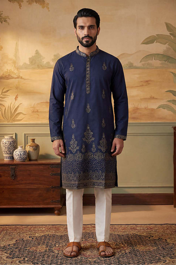 Blue Silk Blend Embroidered Straight Kurta Sets MKSET2122