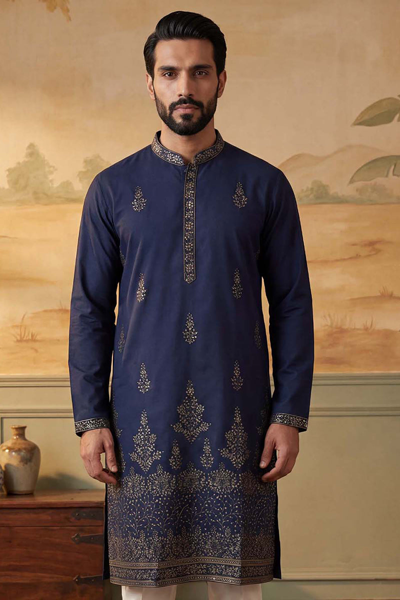 Blue Silk Blend Embroidered Straight Kurta MKU2122