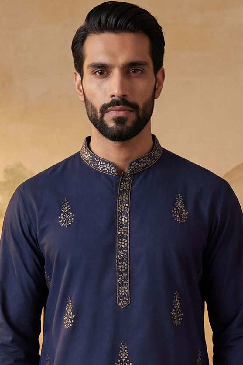 Blue Silk Blend Embroidered Straight Kurta Sets MKSET2122