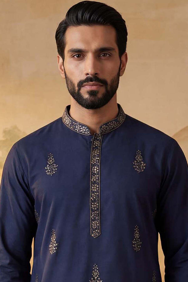 Blue Silk Blend Embroidered Straight Kurta Sets MKSET2122