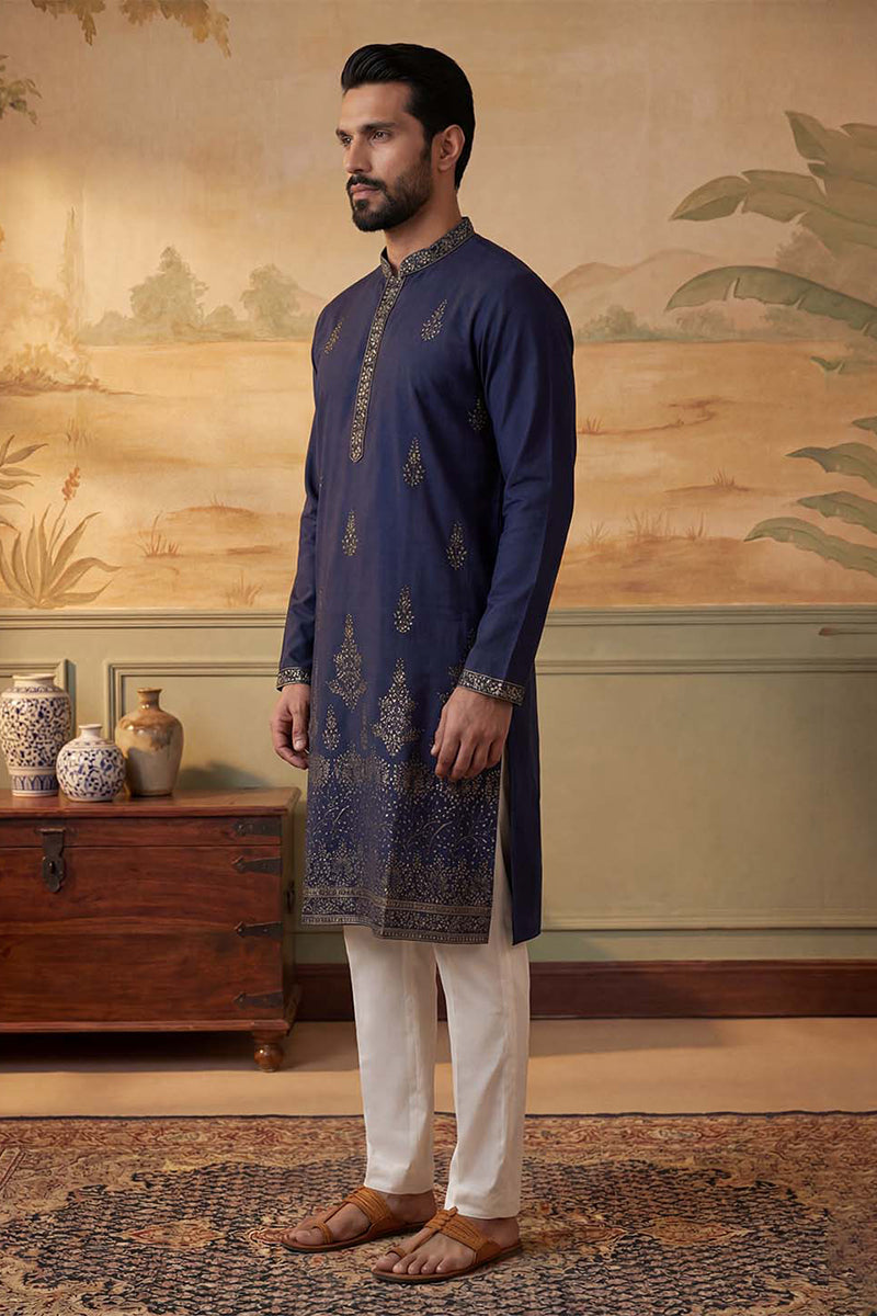 Blue Silk Blend Embroidered Straight Kurta MKU2122