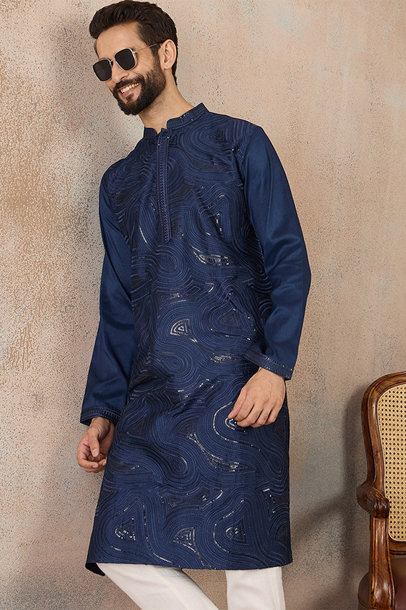 Blue Silk Blend Embroidered Straight Kurta With Trousers MKSET2124