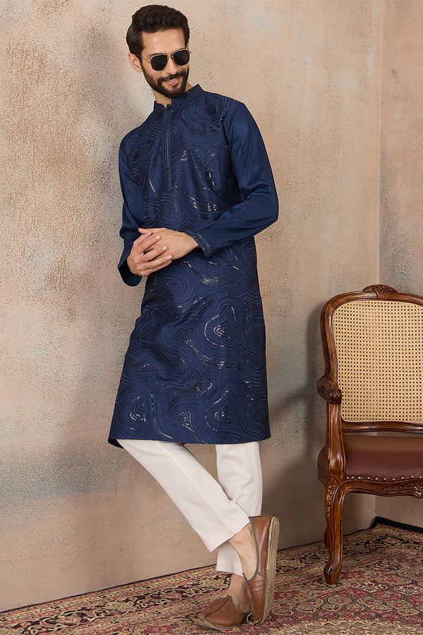 Blue Silk Blend Embroidered Straight Kurta MKU2124