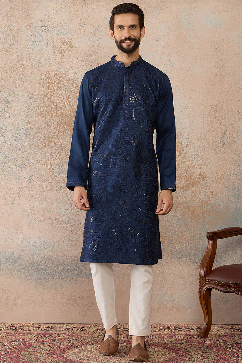 Blue Silk Blend Embroidered Straight Kurta MKU2124