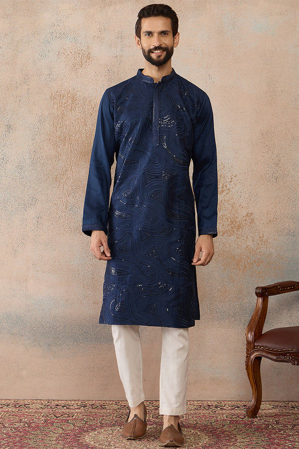 Blue Silk Blend Embroidered Straight Kurta MKU2124