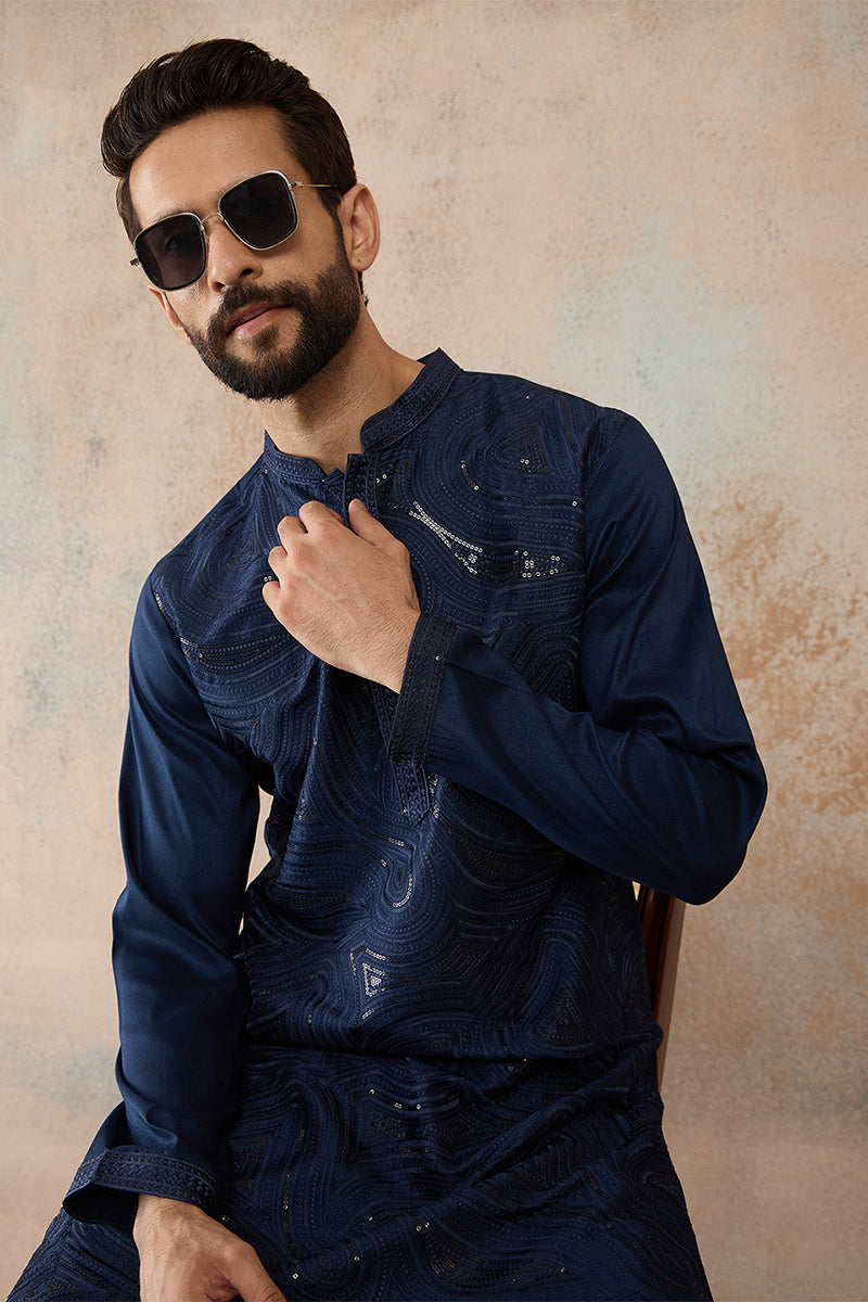 Blue Silk Blend Embroidered Straight Kurta MKU2124