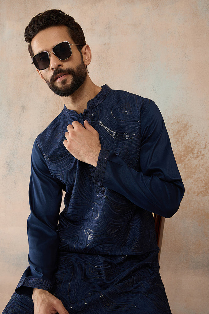 Blue Silk Blend Embroidered Straight Kurta MKU2124