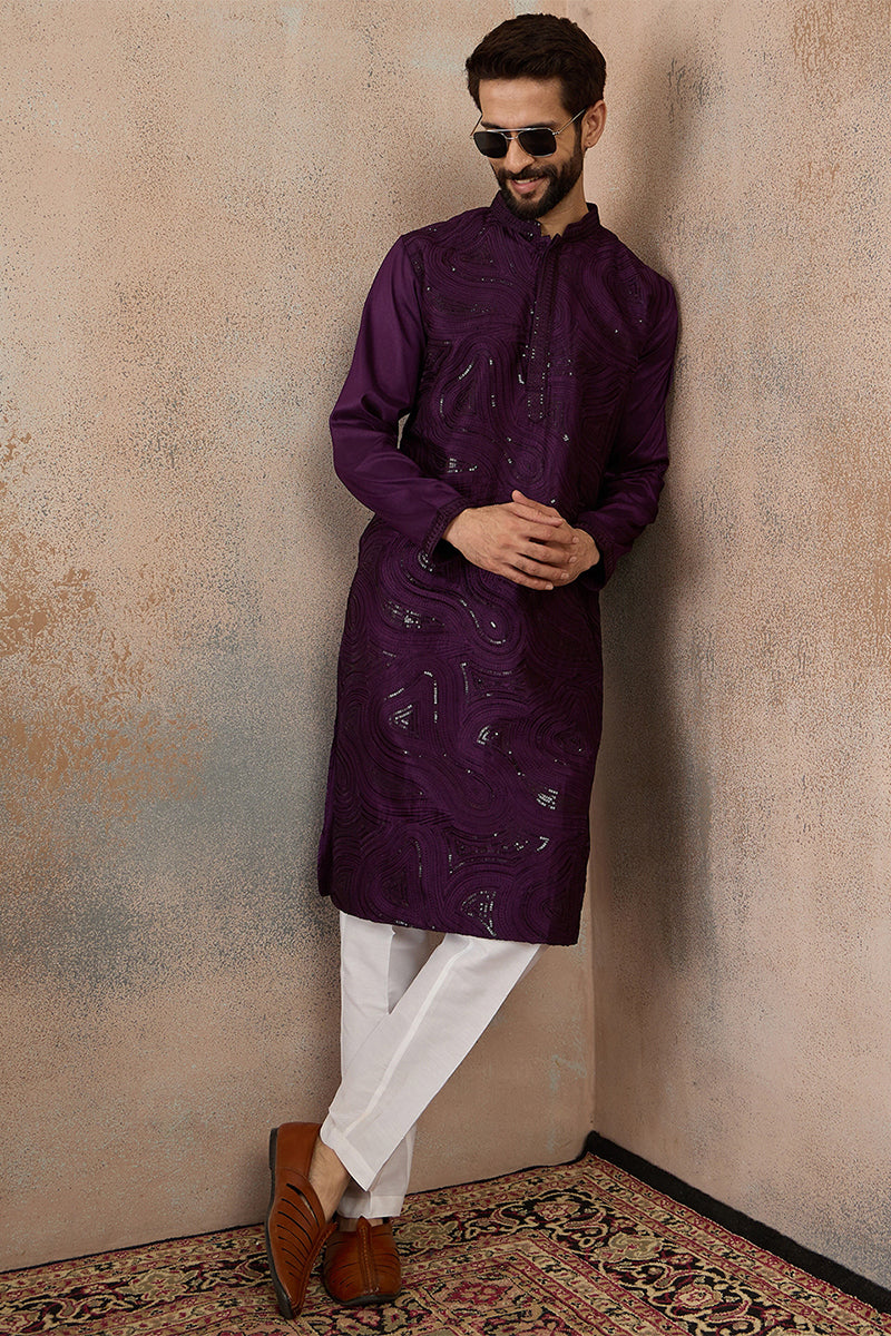Purple Silk Blend Embroidered Straight Kurta MKU2125